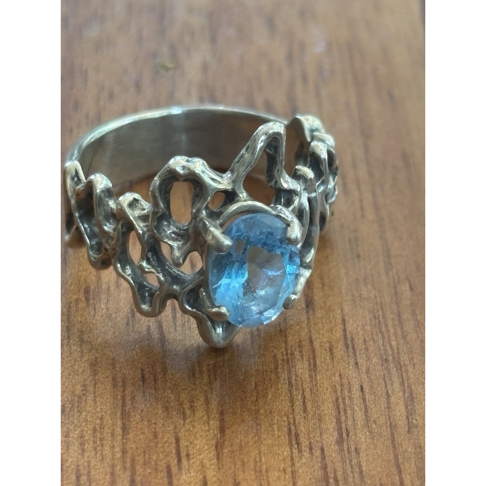 Vintage Modernist Brutalist Blue Topaz Sterling Silver Ring Size 7.75